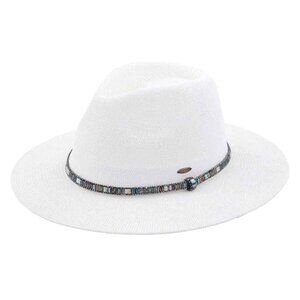 🤍 NWT White Rhinestone Panama Hat | Multi Thread Trim Fedora | Adjustable Wide